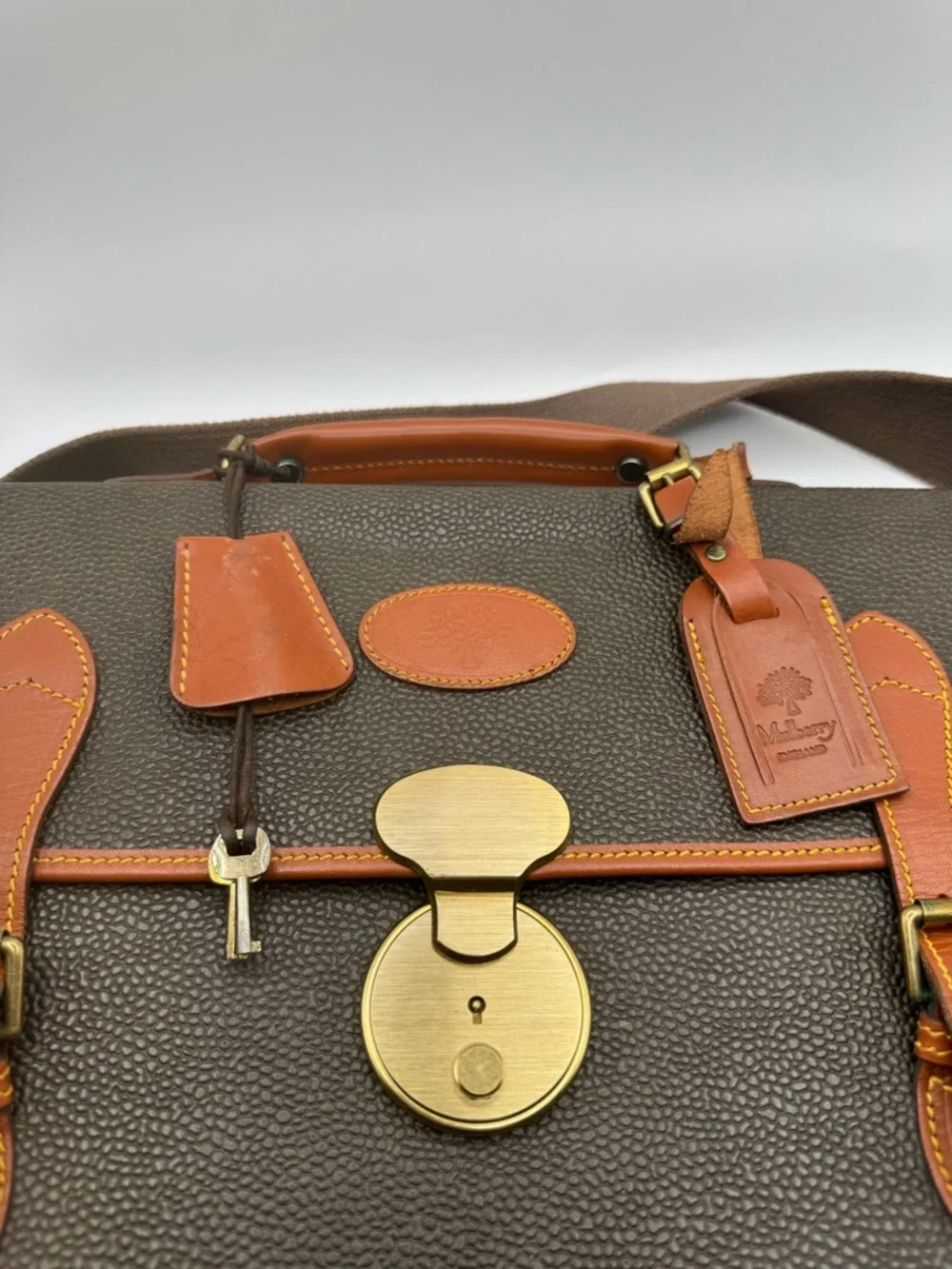 Mulberry England Vintage Scotchgrain Briefcase Satchel | Khaki Brass Lock + Key